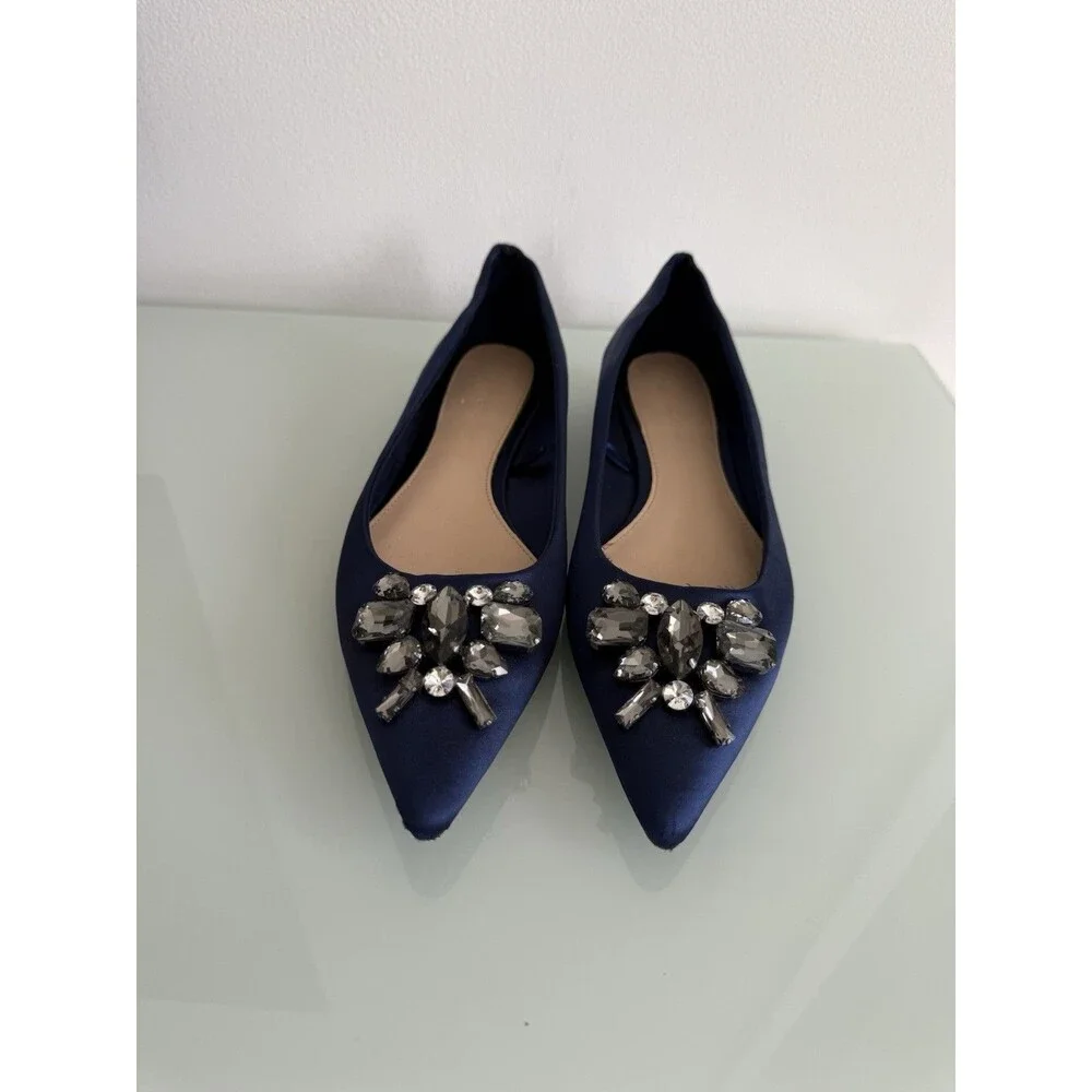✿ ZARA WOMAN Navy Satin Flats Pointed Toe Crystal Embellished EU 36 US 6